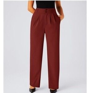 Halara Women's High Waisted Shirred Straight Leg Suit Work Pants Red XL New
